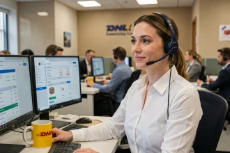 Conseillère DHL au service client portant un casque téléphonique dans un centre d'appels professionnel