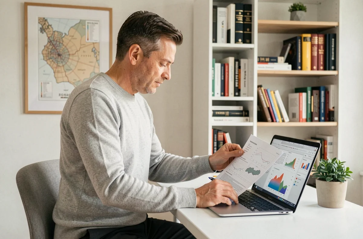 Homme consultant des rapports de diagnostic économique territorial sur ordinateur portable dans un bureau à domicile épuré