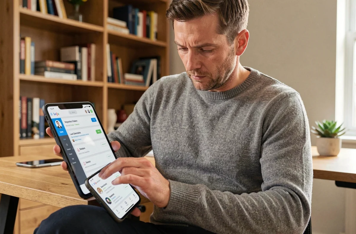 Consultant digital indépendant utilisant une plateforme de rapprochement professionnel sur tablette depuis son bureau à domicile