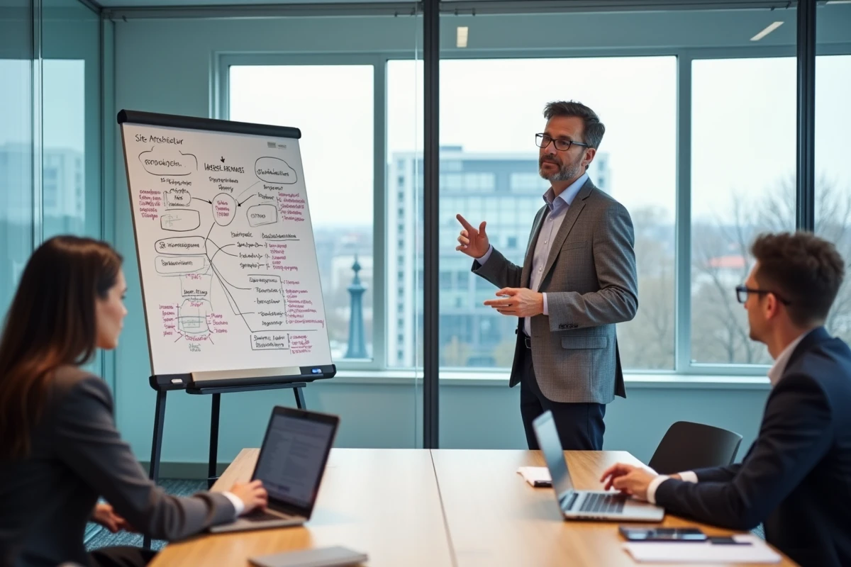 Consultant SEO présentant une stratégie d'optimisation et d'architecture de site à une équipe dans une salle de réunion à Rennes