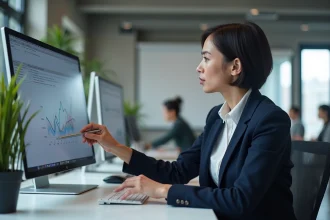 Consultante en agence web analysant la création d'un site internet sur un écran de bureau en 2026