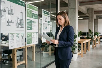 Consultante environnementale analysant des diagrammes industriels verts dans un centre de recherche éco-industrielle moderne