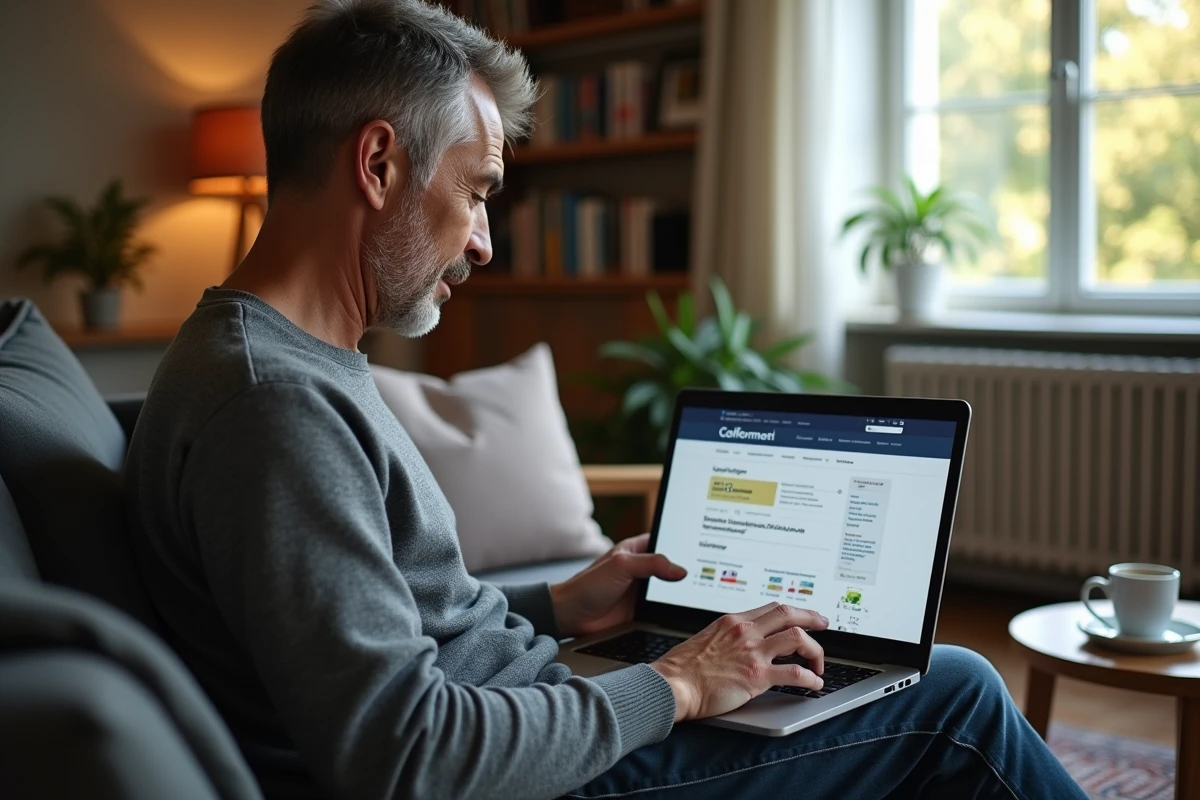 Homme consultant les offres 2026 du comité d'entreprise GMF depuis son domicile sur un ordinateur portable