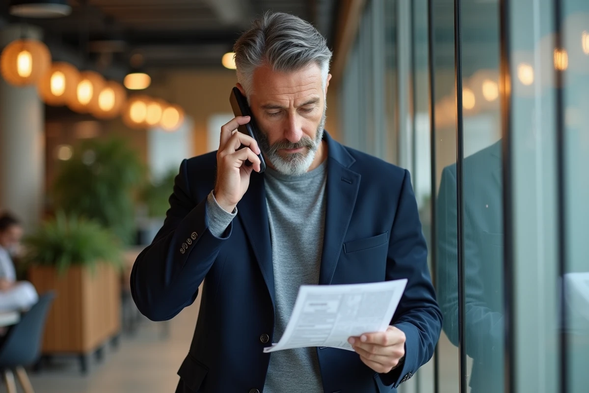 Homme d'affaires contactant une équipe par téléphone dans un espace de coworking parisien moderne