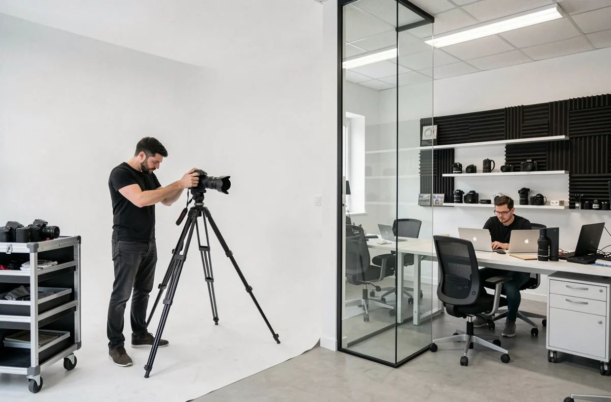 Espace de coworking et studio photo Cowork'it à Clermont-Ferrand avec un photographe réglant sa caméra dans un cyclorama blanc