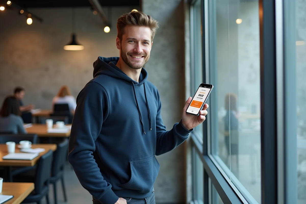 Créateur numérique consultant sa page de vente sur smartphone dans un espace de coworking