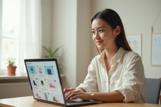 Créatrice de contenu gérant sa boutique en ligne sur stan.store depuis son bureau à domicile