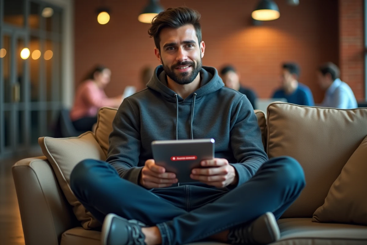 Jeune professionnel consultant une tablette affichant une erreur d'accès refusé dans un espace de coworking