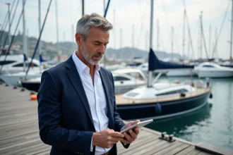 Décideur du secteur nautique consultant un média spécialisé sur tablette dans une marina moderne