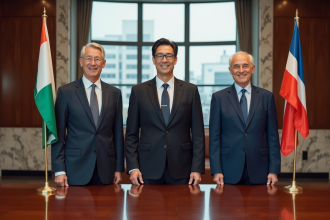 Trois adultes avec drapeaux lors d'une réunion officielle