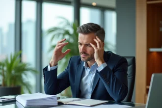 Dirigeant d'entreprise débordé assis à son bureau avec des documents et un ordinateur portable dans un bureau moderne en ville
