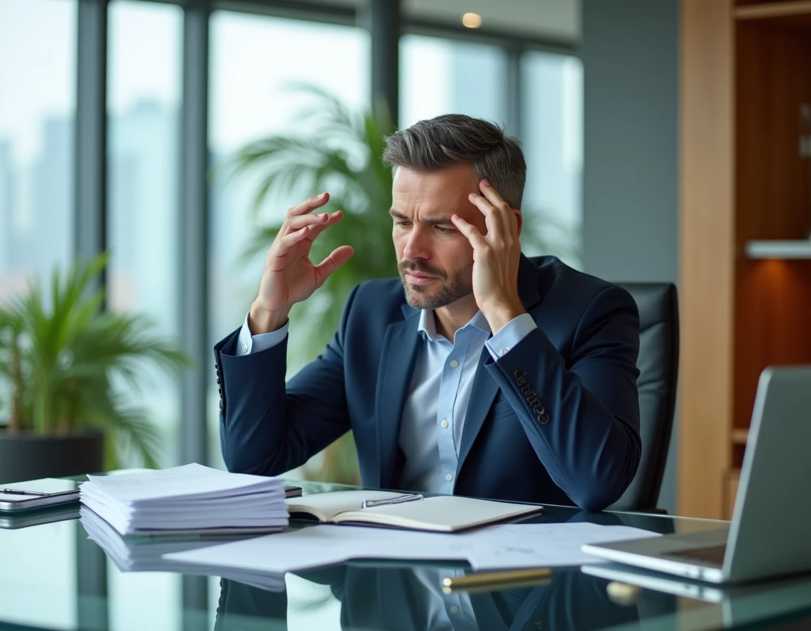 Dirigeant d'entreprise débordé assis à son bureau avec des documents et un ordinateur portable dans un bureau moderne en ville
