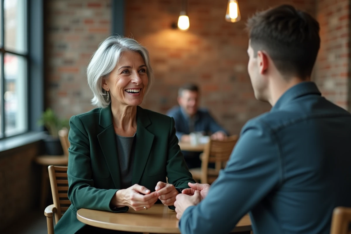 Une dirigeante expérimentée en conversation individuelle bienveillante avec un collaborateur dans un espace de travail moderne