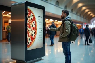 Distributeur automatique de pizzas mypizzadoor Pro installé dans une gare, client interagissant avec l'écran tactile