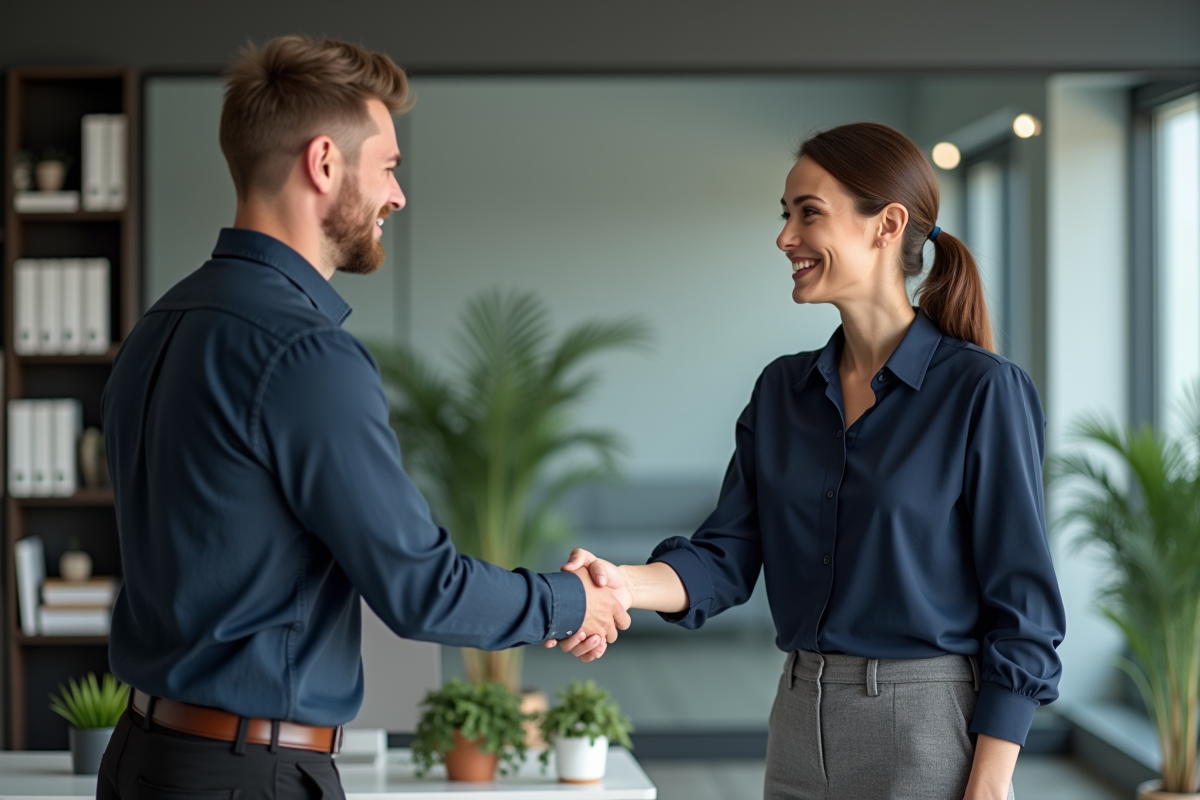 Femme d'affaires serrant la main d'un client dans un bureau moderne