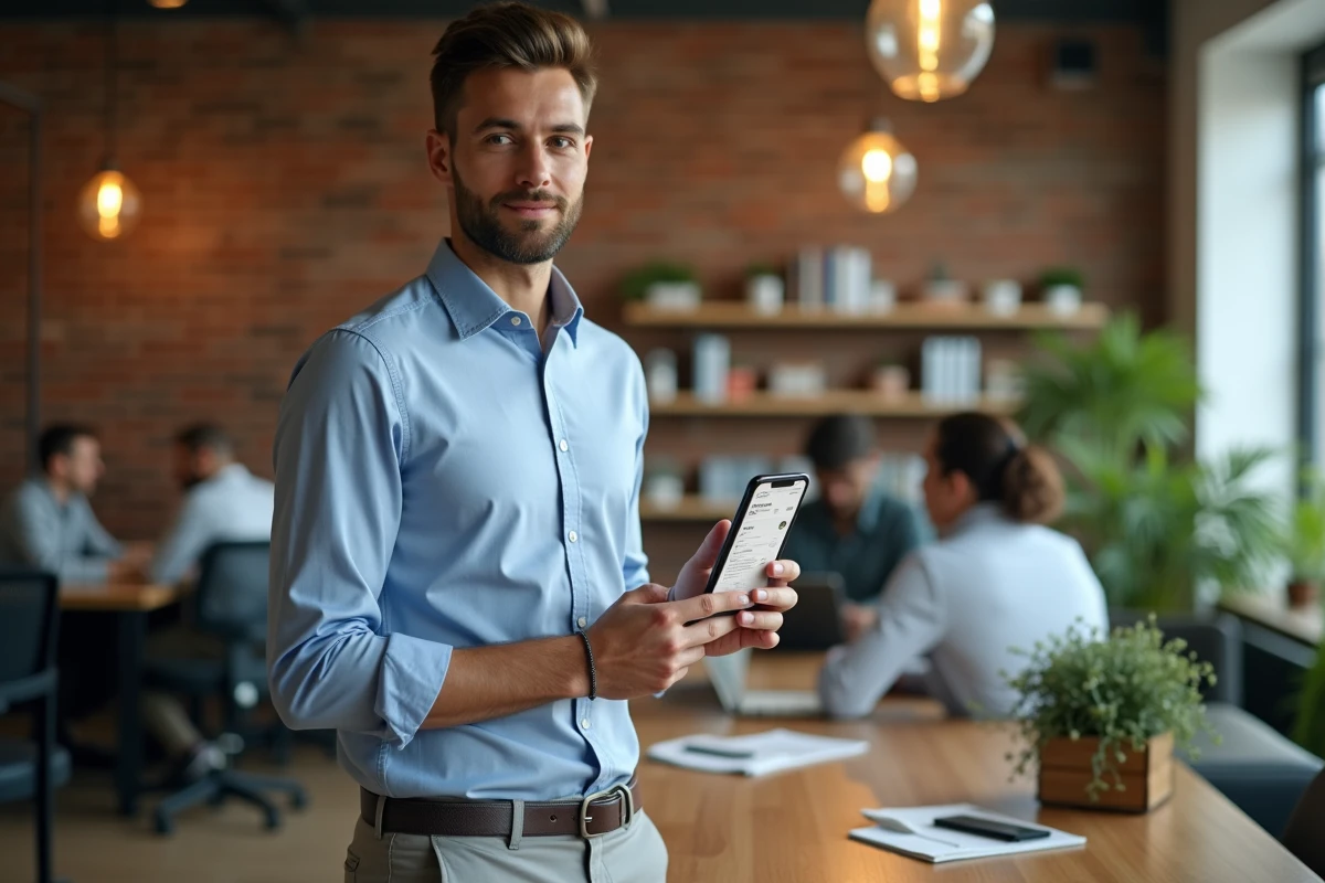 Employé consultant son bulletin de paie dématérialisé sur smartphone dans un espace de coworking moderne