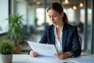 Employée consultant les offres du comité d'entreprise GMF à son bureau en open space