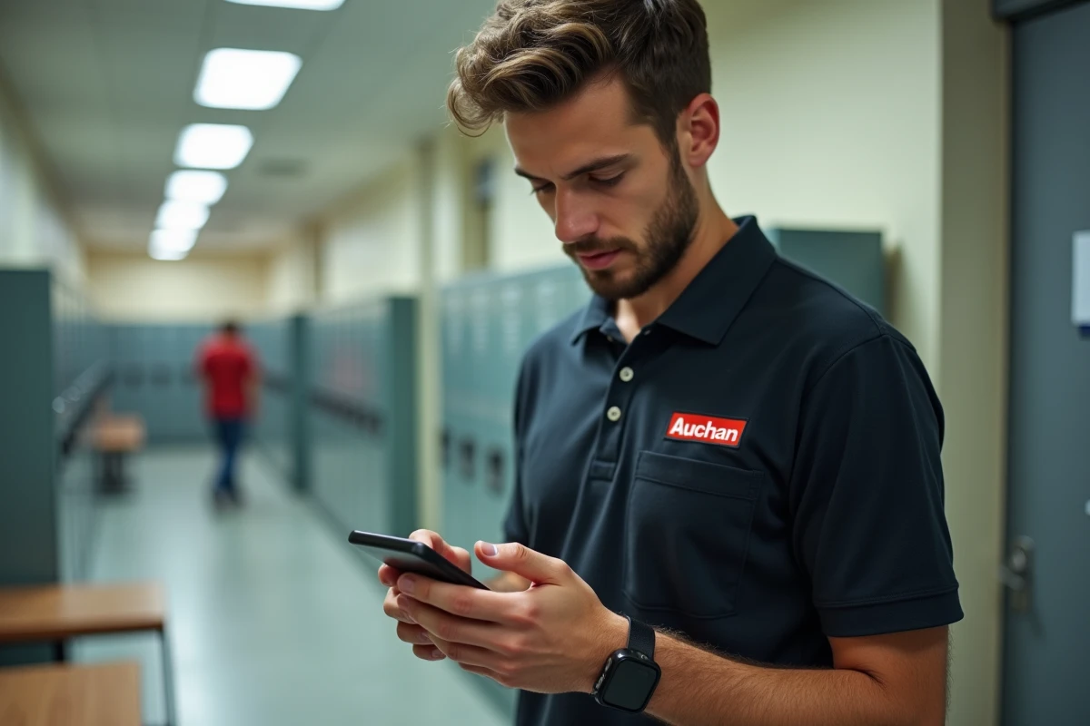 Employé étudiant Auchan consultant son contrat sur smartphone dans la salle de pause du personnel