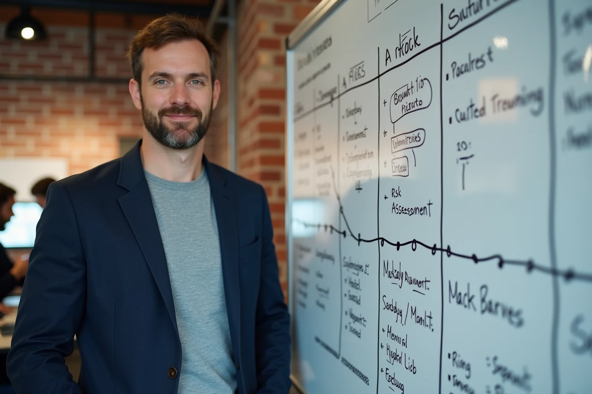 Entrepreneur masculin analysant une stratégie de création d'entreprise sur tableau blanc dans un espace de coworking collaboratif