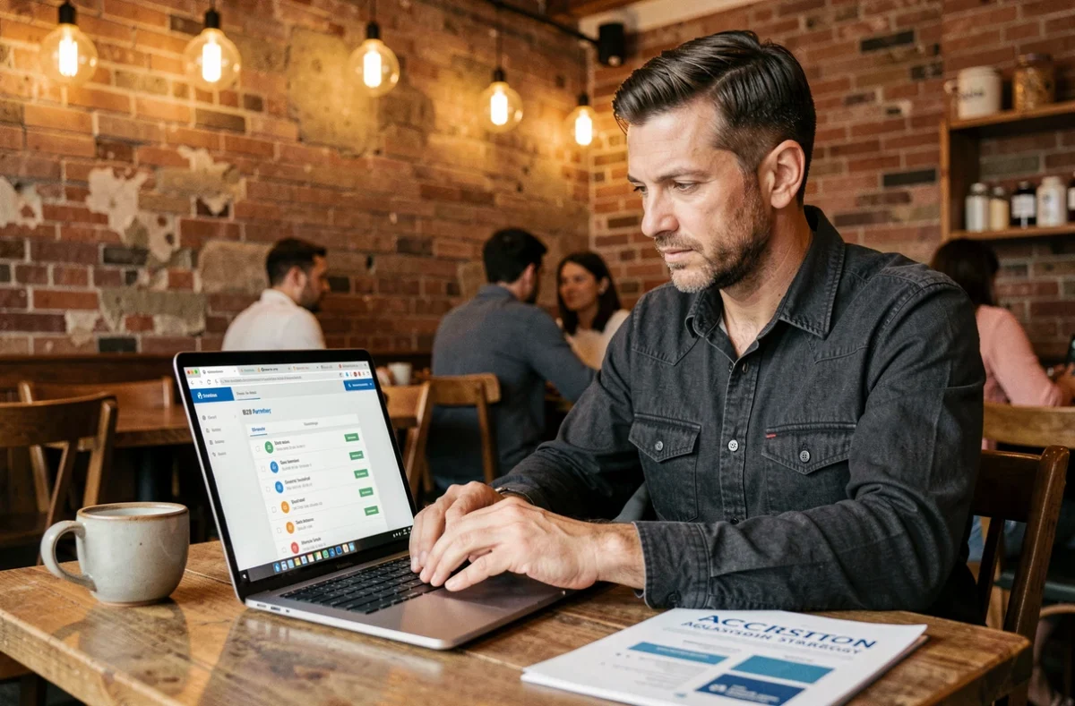 Entrepreneur consultant sa stratégie partenaires B2B sur un ordinateur portable dans un café indépendant