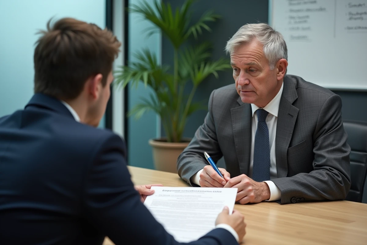 Entretien professionnel RH entre un responsable et un candidat autour d'un guide des catégories socioprofessionnelles