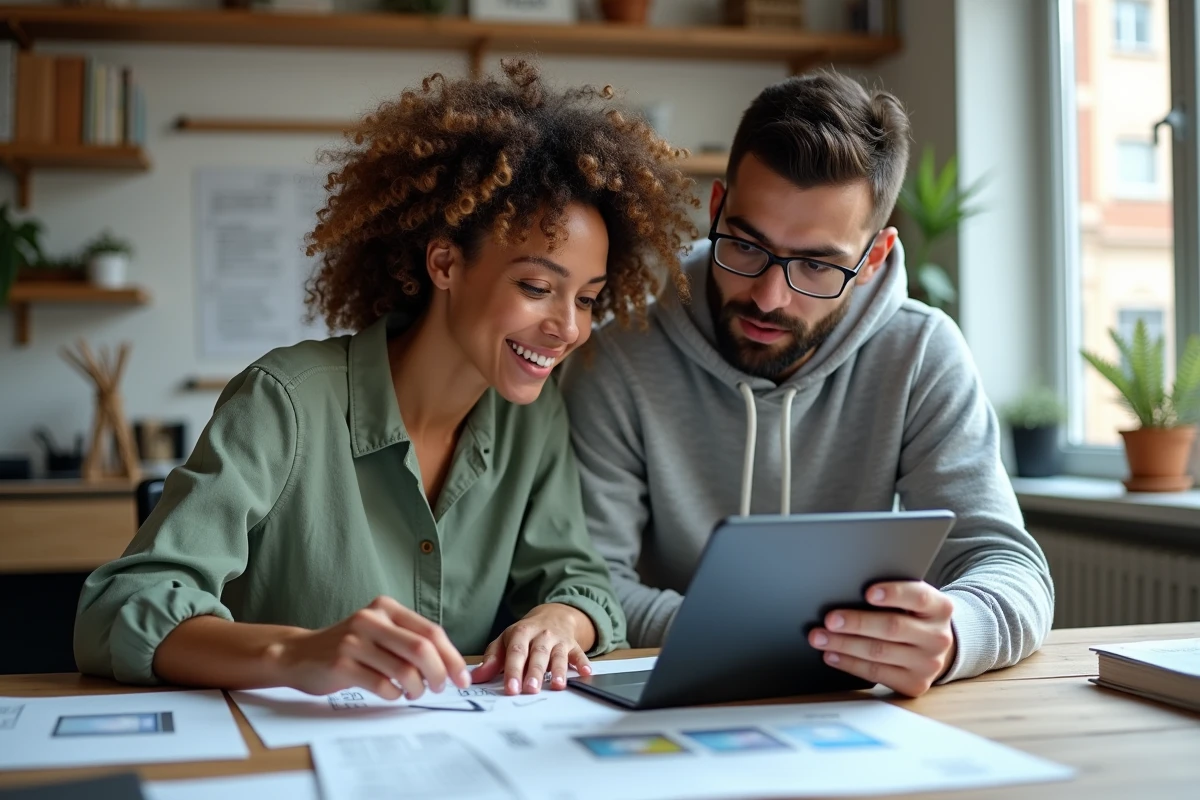 Équipe d'une agence web travaillant sur des maquettes de création de site internet pour un client