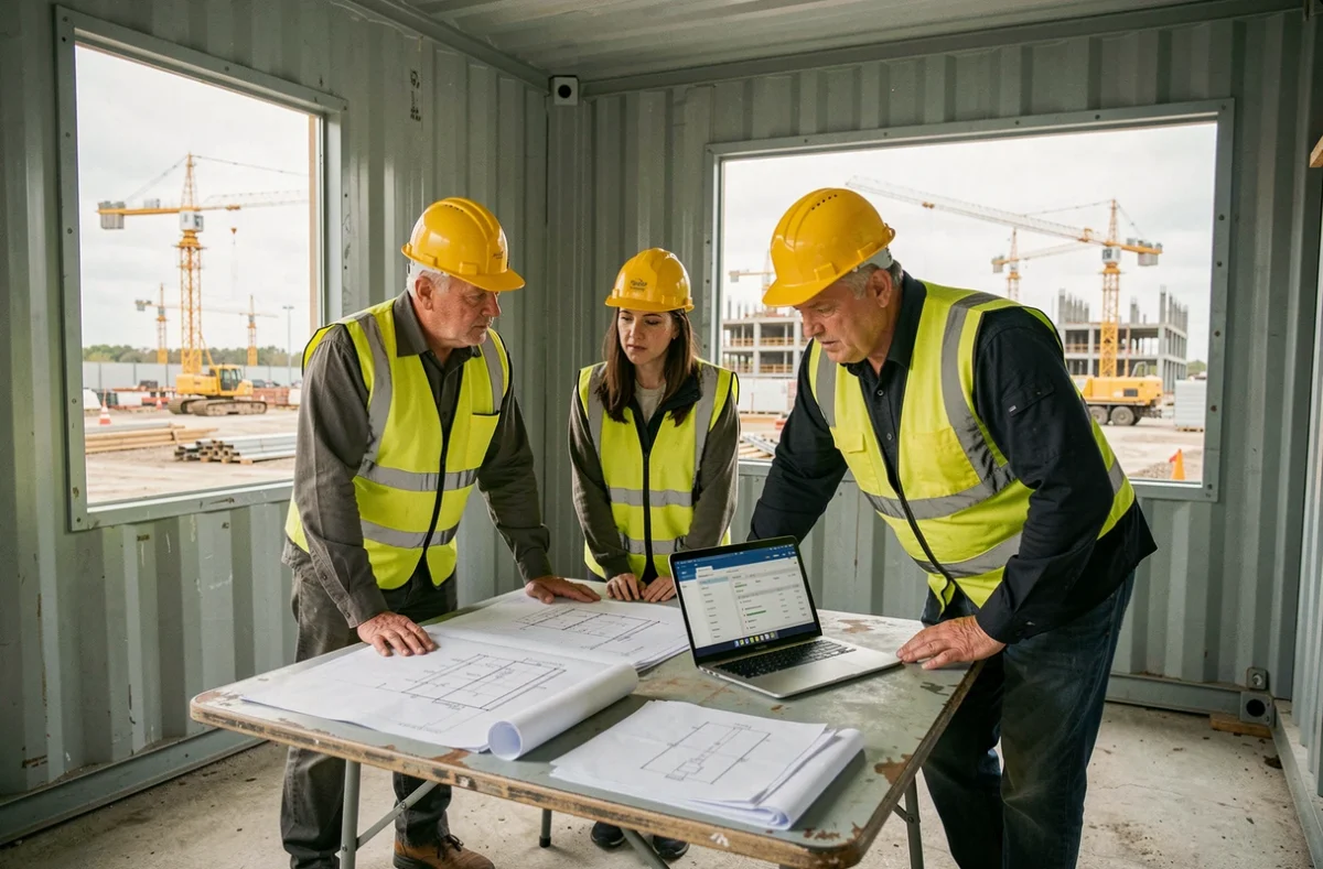 Équipe BTP analysant les plans et le suivi de chantier sur ordinateur dans un bureau de chantier temporaire