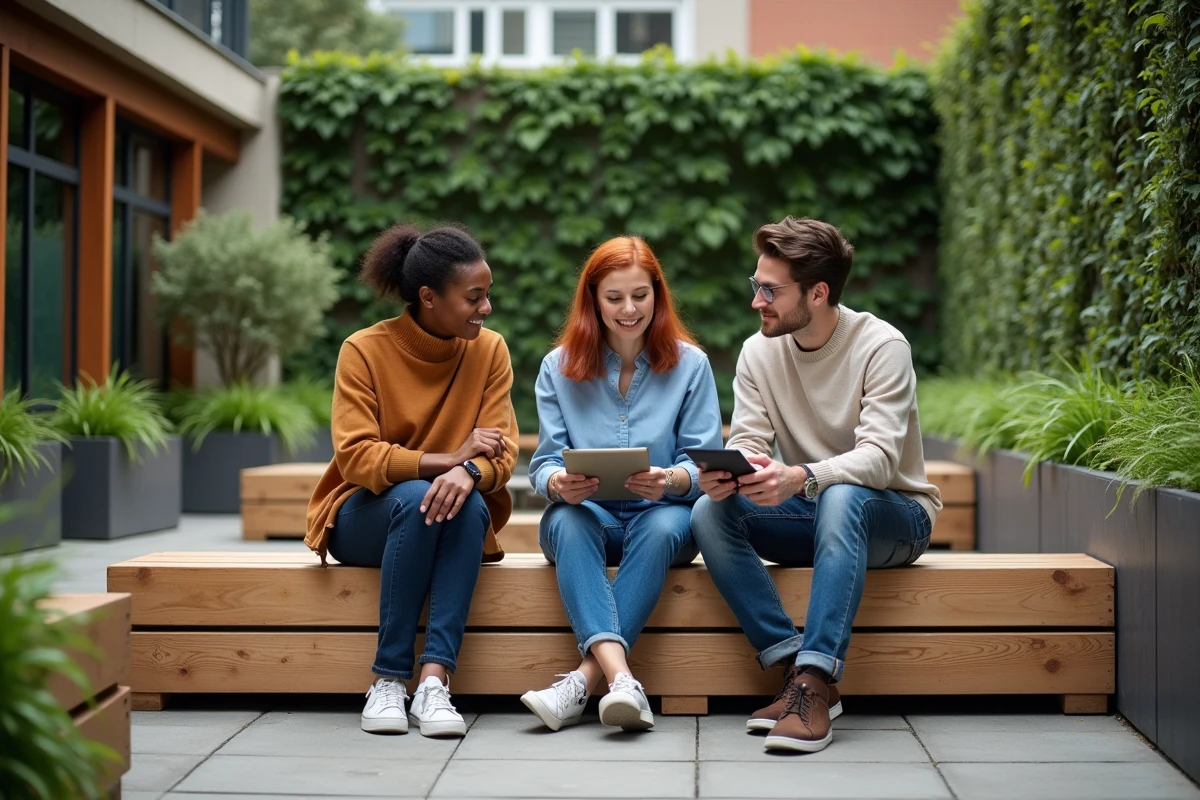 Groupe diversifié discutant en extérieur dans un jardin urbain