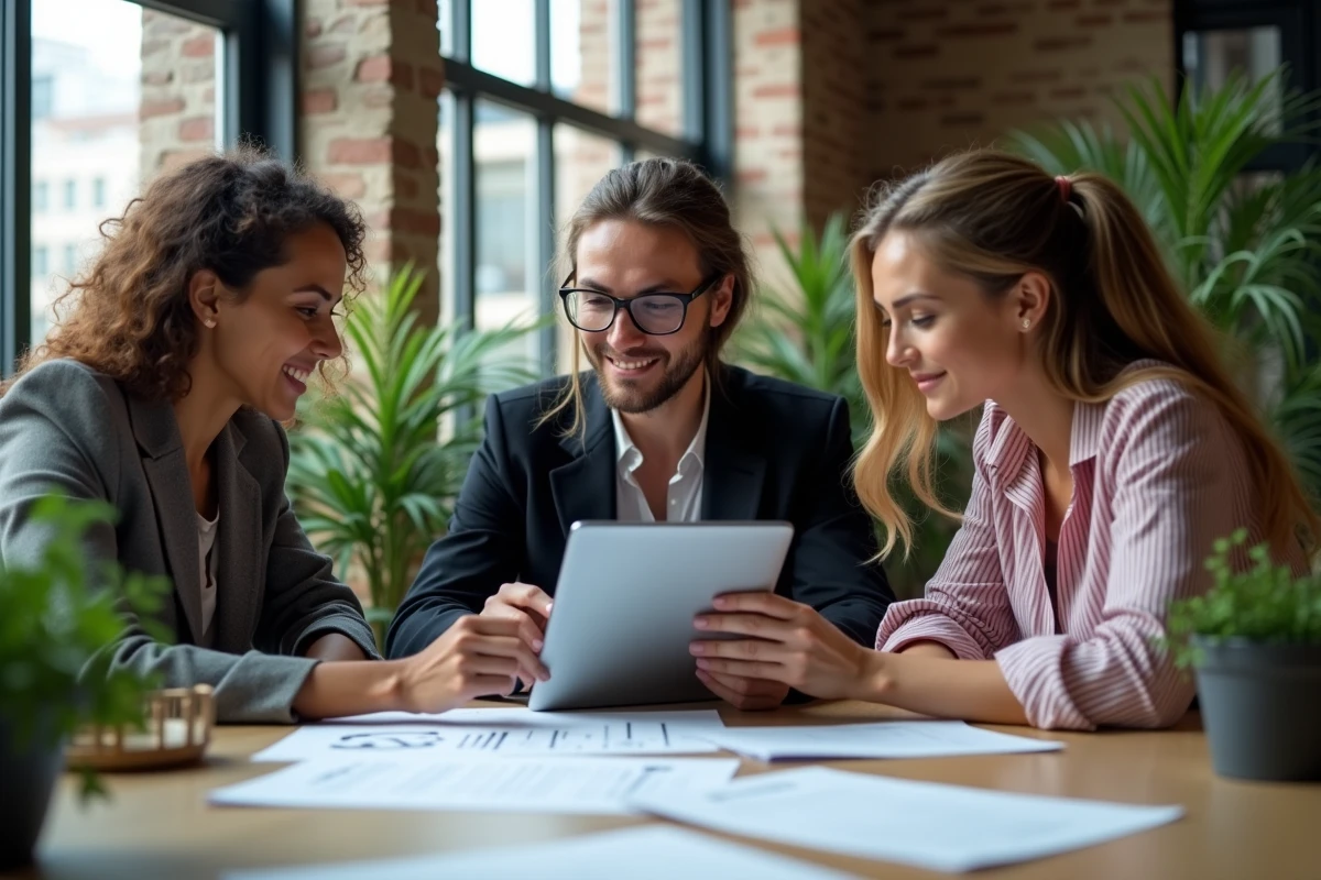 Groupe de professionnels collaborant autour de documents SEO