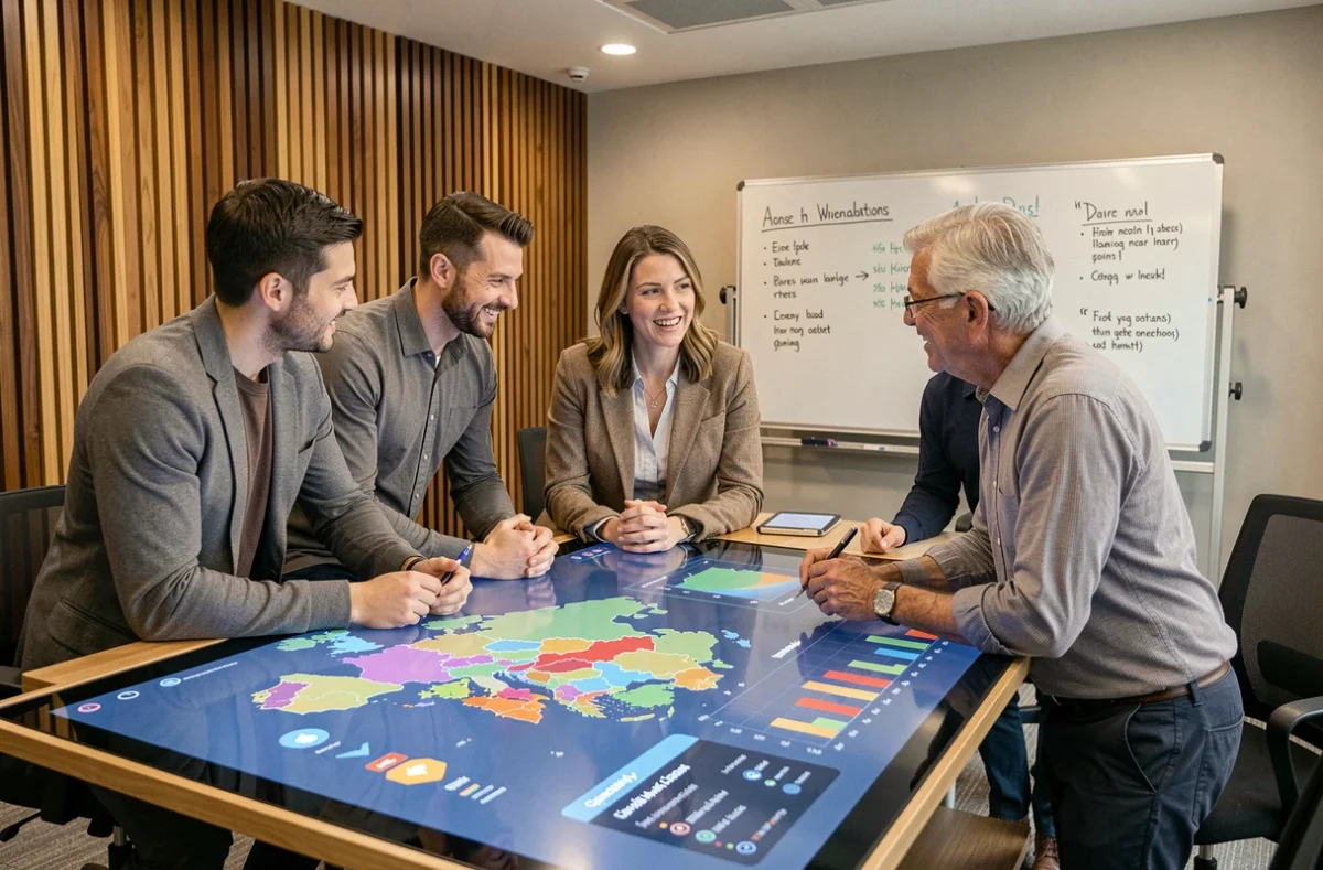 Équipe de professionnels analysant des cartes d'indicateurs économiques régionaux sur une table interactive lors d'une réunion stratégique