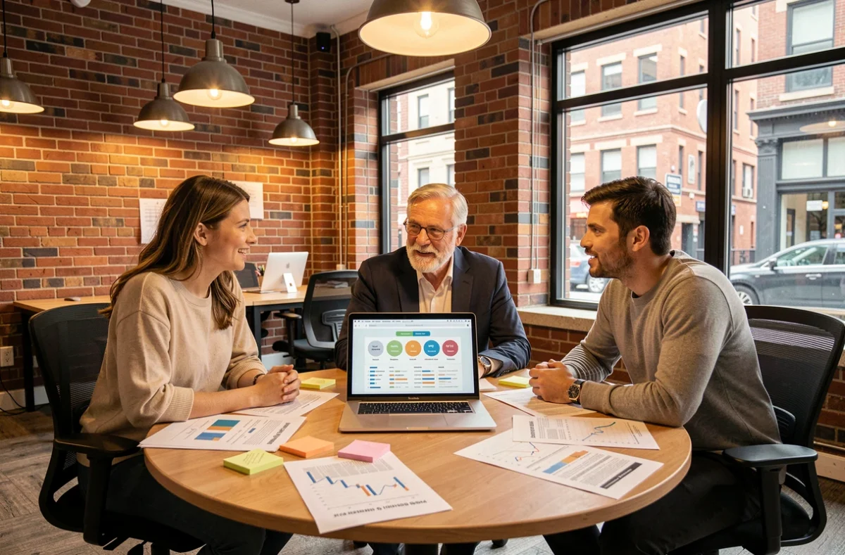 Équipe professionnelle diverse discutant d'une stratégie de croissance autour d'une table avec documents et outils numériques dans un espace de coworking moderne