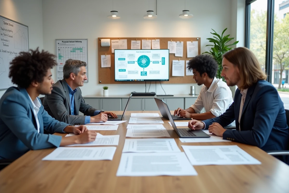 Équipe éditoriale en réunion autour d'un workflow de publication numérique intégré sur plusieurs supports
