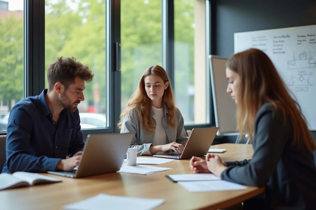 Groupe de jeunes entrepreneurs discutant stratégie SEO à Rennes