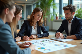 Groupe de professionnels marketing analysant un document 4P