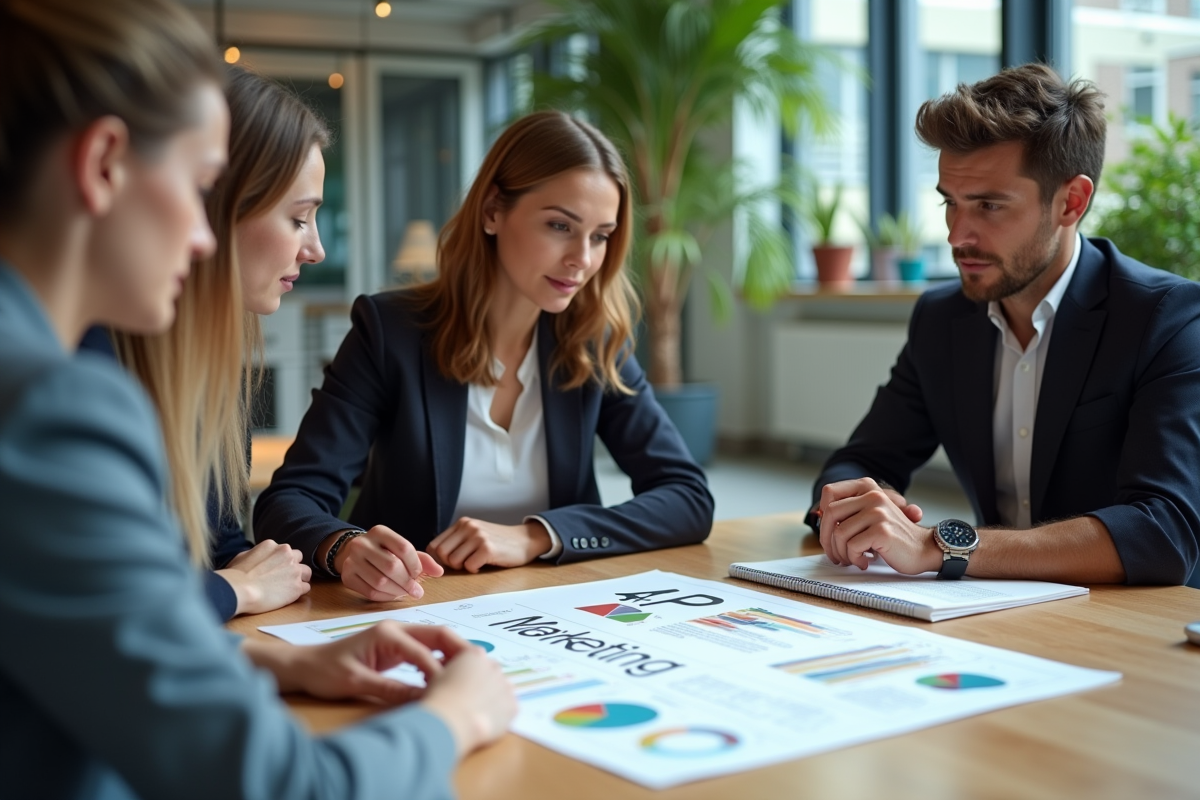 Groupe de professionnels marketing analysant un document 4P