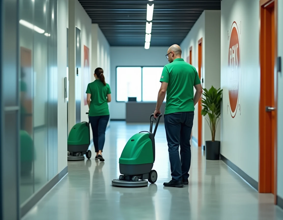 Équipe de nettoyage professionnel avec machines autolaveuses dans le couloir d'une entreprise PME