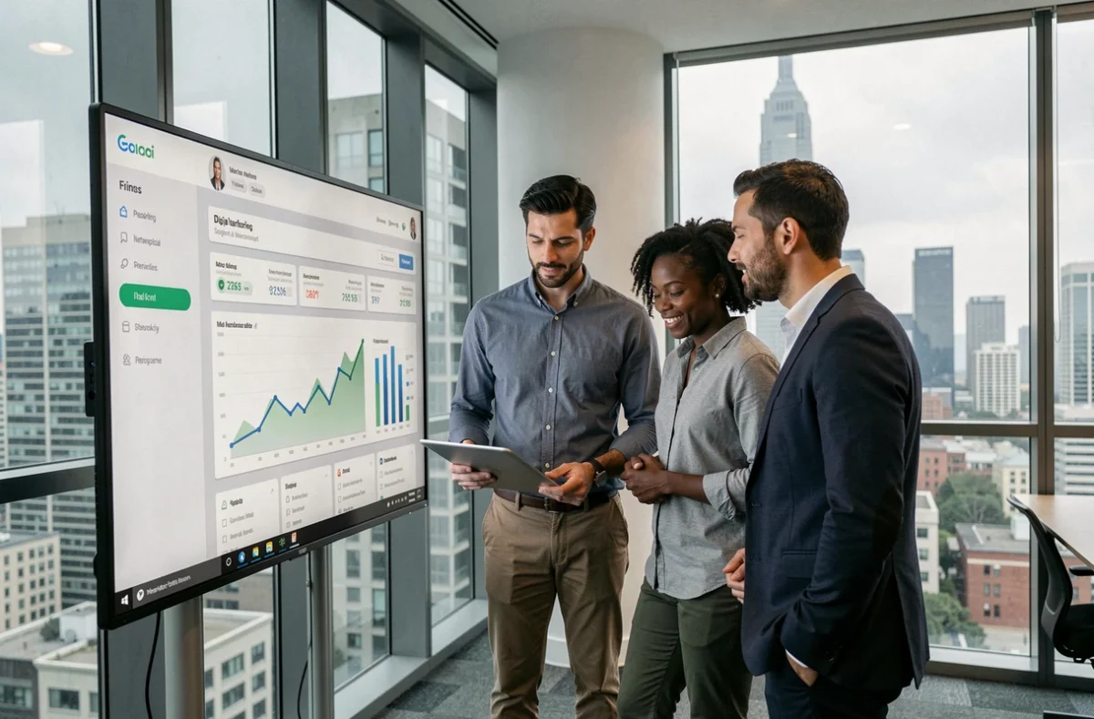 Équipe de professionnels du digital collaborant autour d'un tableau de bord numérique dans un bureau moderne en 2026