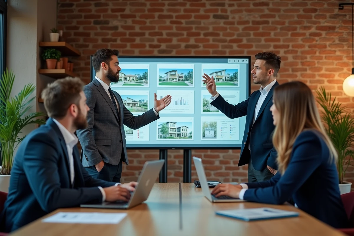 Équipe de professionnels de l'immobilier collaborant autour d'un écran tactile dans un espace de coworking moderne, symbolisant les nouvelles méthodes de promotion immobilière