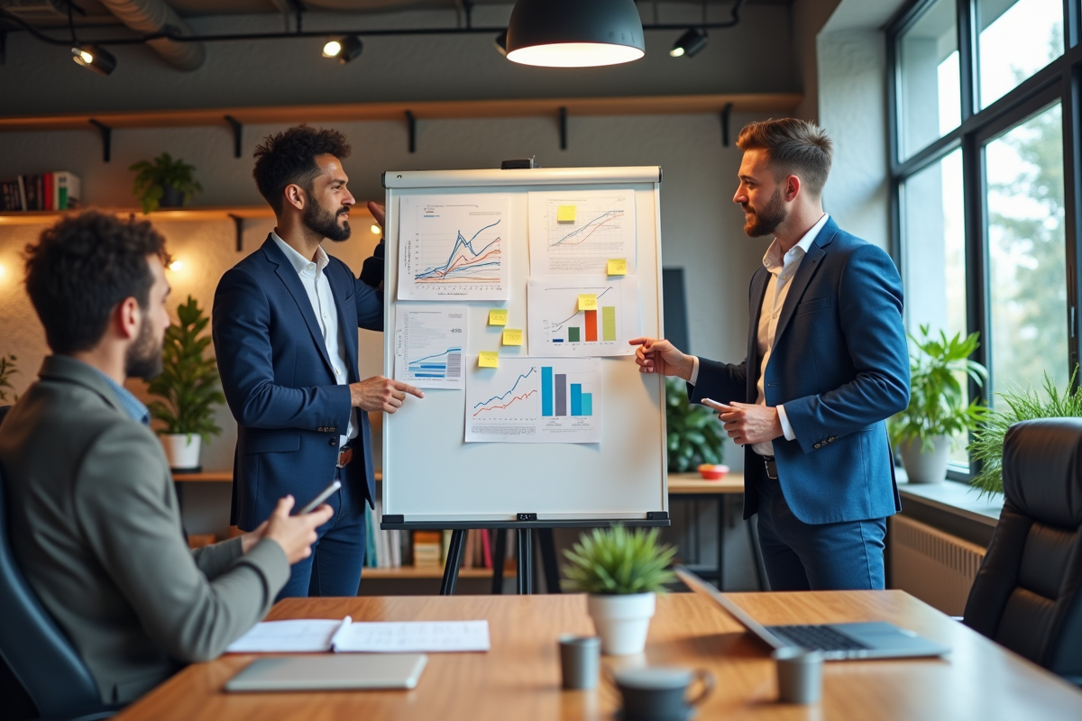 Groupe de trois personnes discutant de KPIs devant un tableau blanc