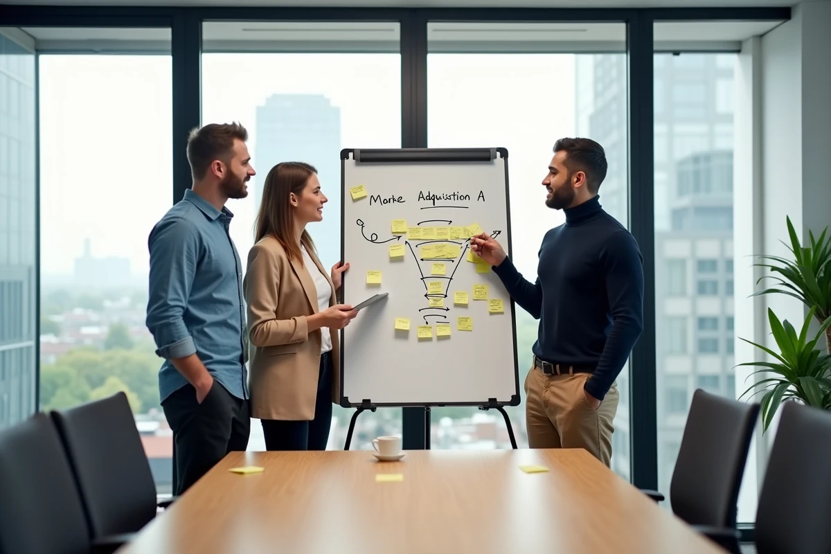Équipe marketing collaborant autour d'un tableau blanc avec une stratégie d'acquisition et d'entonnoir de conversion