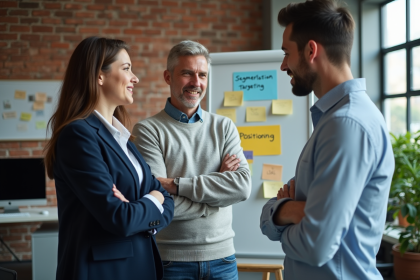 Equipe de professionnels autour d'un tableau blanc en réunion