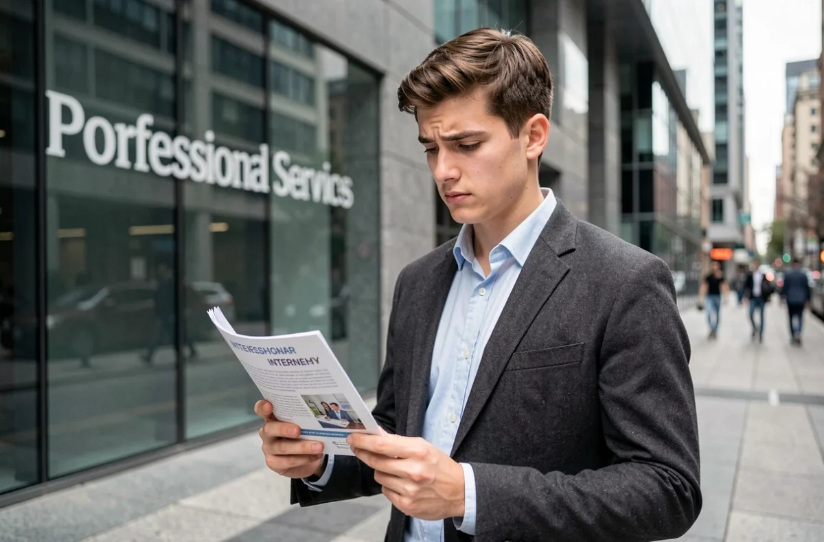 Jeune étudiant hésitant devant le siège d'un cabinet d'audit Big Four en tenant un document de candidature