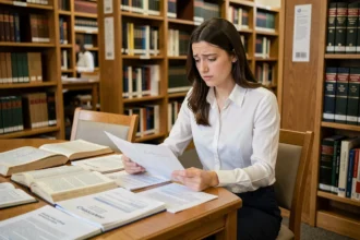 Étudiante en droit confuse devant des documents sur les cabinets Big Four dans une bibliothèque universitaire