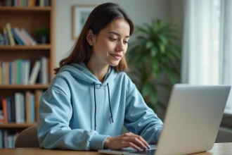 Étudiante accédant à son espace Hr4you sur un ordinateur portable dans sa chambre d'appartement
