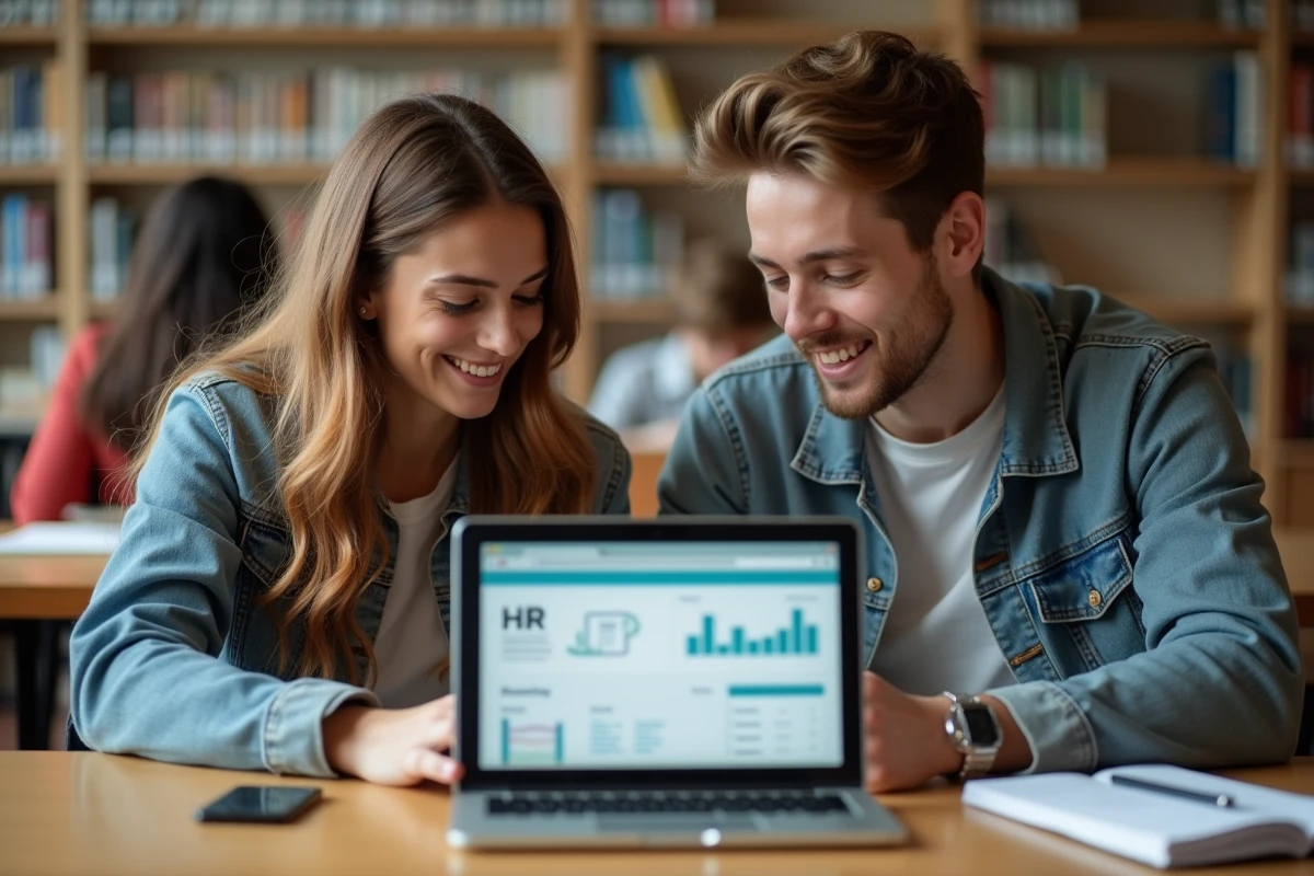 Deux étudiants consultant ensemble un espace Hr4you sur ordinateur portable dans une bibliothèque universitaire