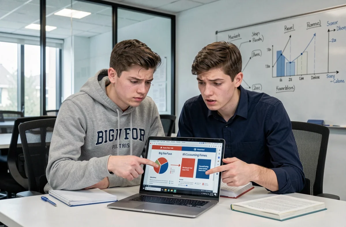 Deux étudiants en finance discutant des erreurs courantes sur les cabinets Big Four devant un ordinateur portable