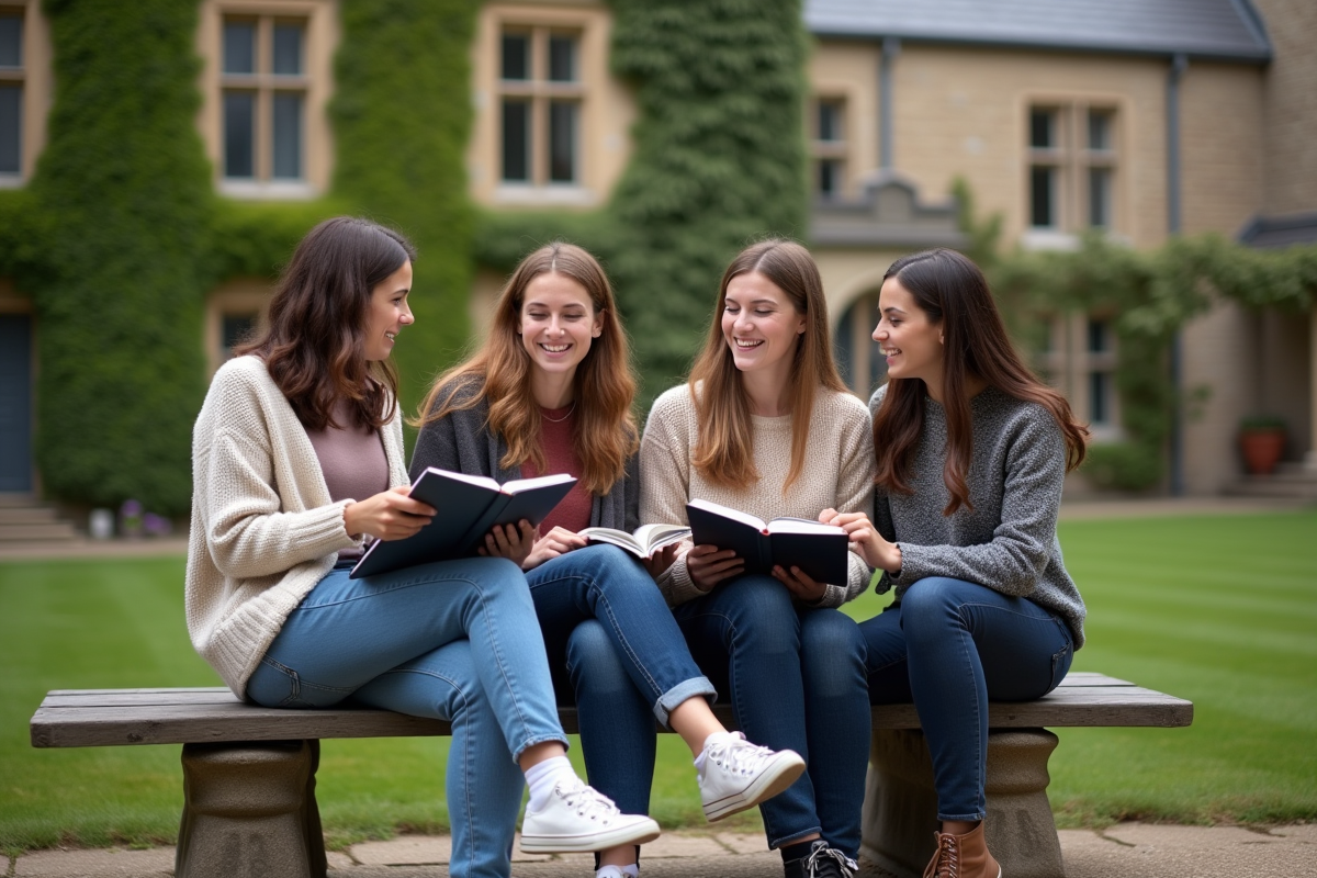 Jeunes étudiants discutant sur un banc extérieur