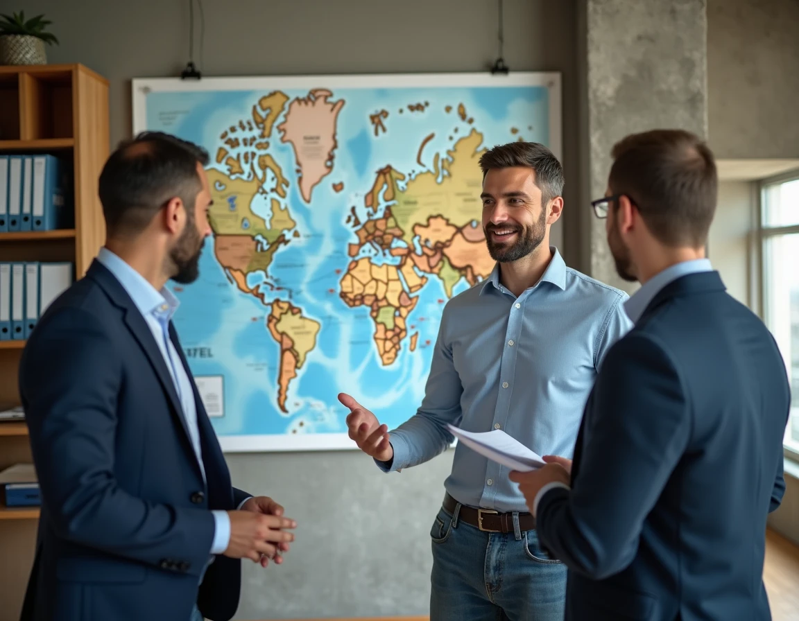 Équipe de professionnels du négoce international discutant de stratégies commerciales devant une carte du monde dans un espace de travail collaboratif