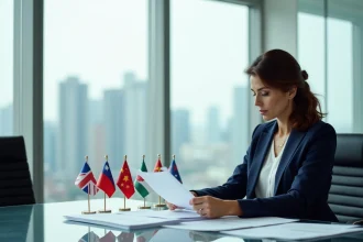 Directrice commerciale analysant des documents de négoce international dans un bureau d'entreprise moderne avec vue sur la skyline urbaine