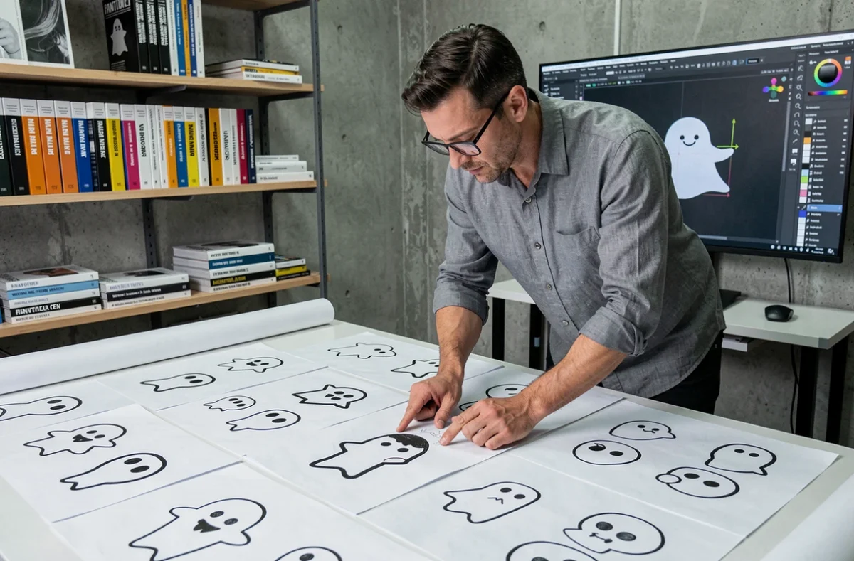Graphiste étudiant l'évolution historique du logo fantôme de Snap sur des documents imprimés dans un studio de design